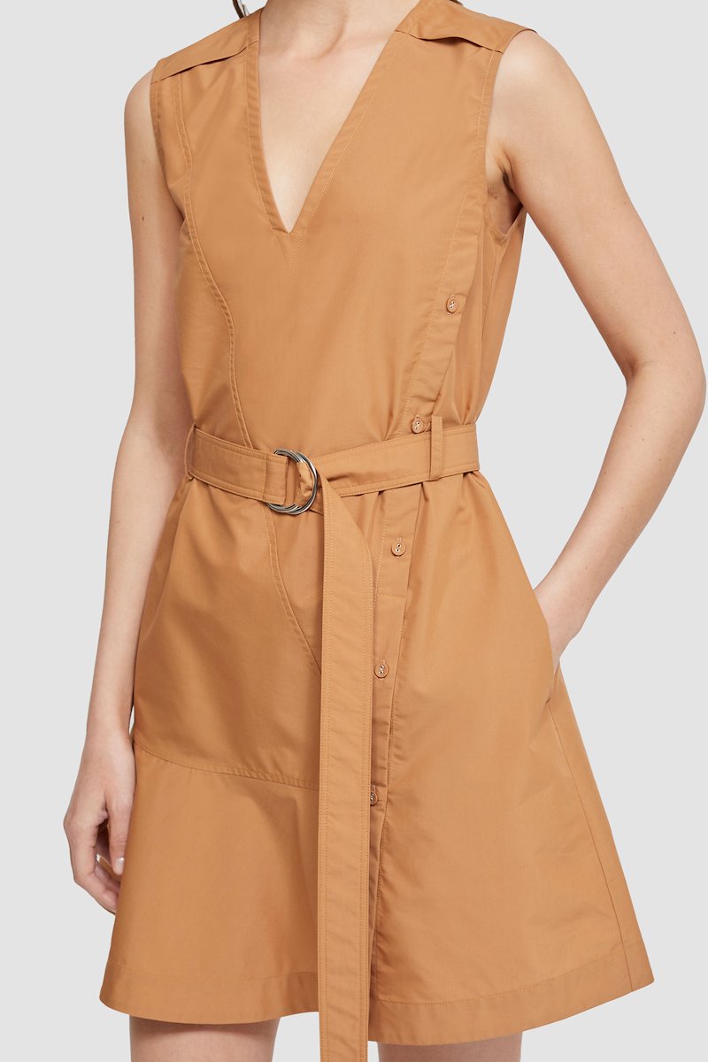 Sleeveless Cotton Poplin V-Neck Belted Dress-neutrals #0 Sleeveless Cotton Poplin V-Neck Belted Dress, cotton poplin A-line dress from 3.1 PHILLIP LIM featuring ochre yellow, cotton blend, A-line, poplin texture, decorative button detailing, V-neck, sleeveless, belted waist and thigh-length.- 6