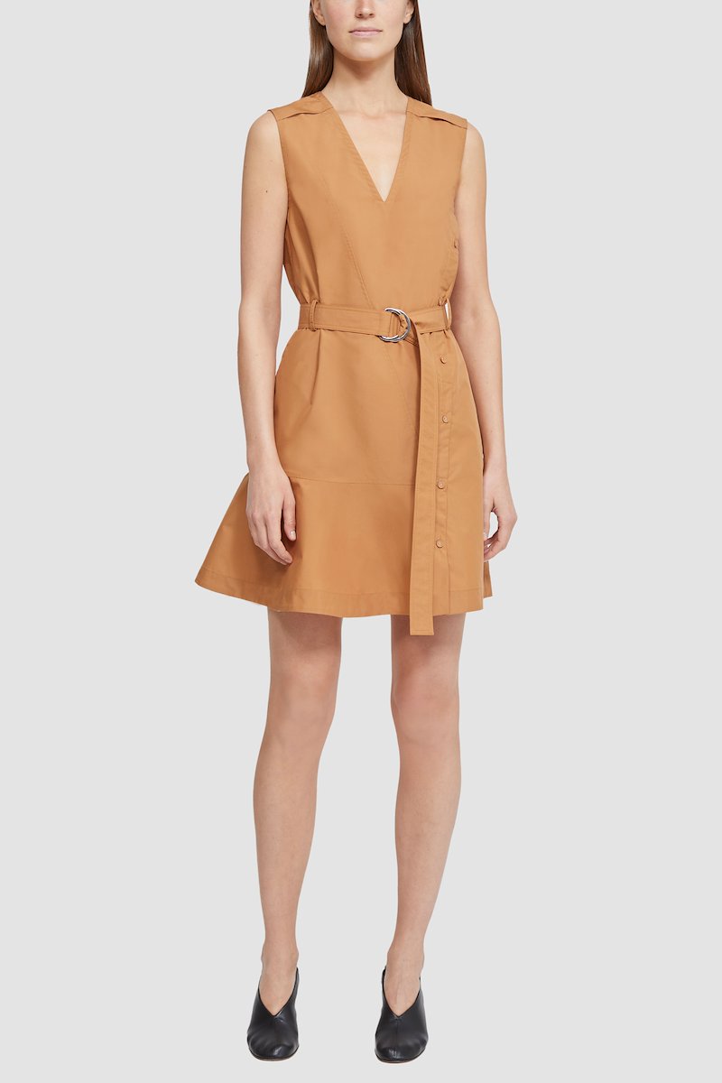 Sleeveless Cotton Poplin V-Neck Belted Dress-neutrals #0 Sleeveless Cotton Poplin V-Neck Belted Dress, cotton poplin A-line dress from 3.1 PHILLIP LIM featuring ochre yellow, cotton blend, A-line, poplin texture, decorative button detailing, V-neck, sleeveless, belted waist and thigh-length.- 2