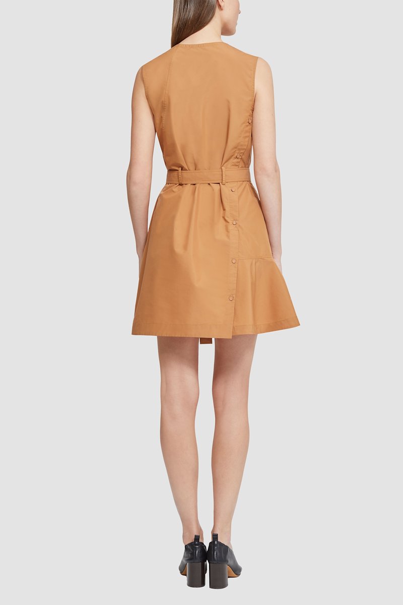 Sleeveless Cotton Poplin V-Neck Belted Dress-neutrals #1 Sleeveless Cotton Poplin V-Neck Belted Dress, cotton poplin A-line dress from 3.1 PHILLIP LIM featuring ochre yellow, cotton blend, A-line, poplin texture, decorative button detailing, V-neck, sleeveless, belted waist and thigh-length.- 5