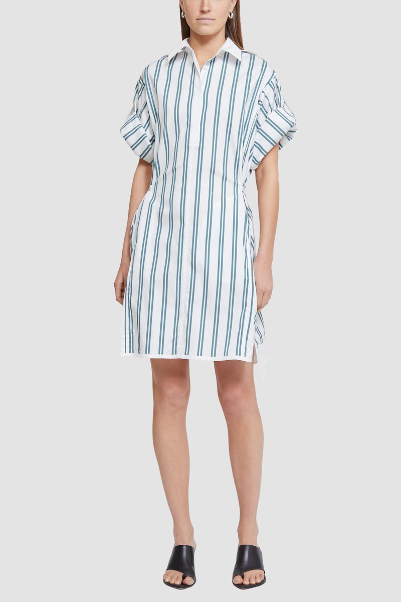 Short Sleeve Striped Shirt Dress-white #0 Short Sleeve Striped Shirt Dress, striped shirt dress from 3.1 PHILLIP LIM featuring white, fern green, cotton blend, vertical stripe pattern, spread collar, front button placket, short rolled sleeves, curved hem and high-low hem.- 0