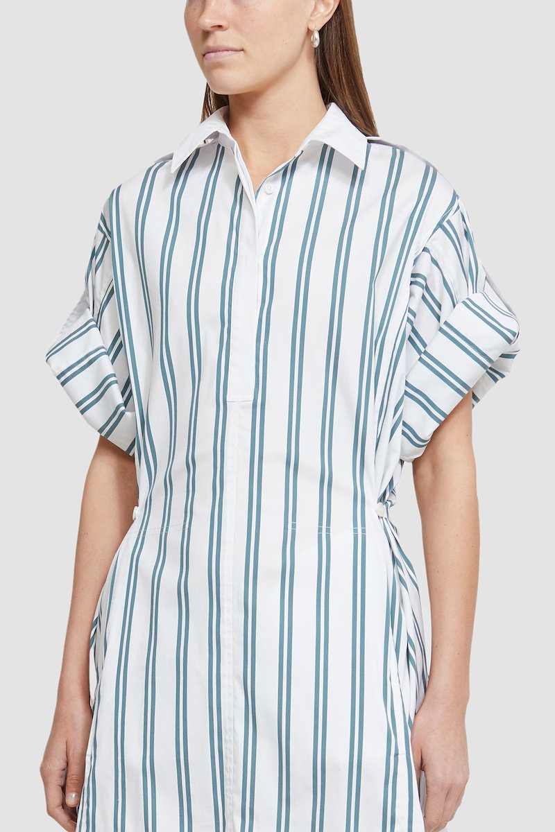 Short Sleeve Striped Shirt Dress-white #1 Short Sleeve Striped Shirt Dress, striped shirt dress from 3.1 PHILLIP LIM featuring white, fern green, cotton blend, vertical stripe pattern, spread collar, front button placket, short rolled sleeves, curved hem and high-low hem.- 1