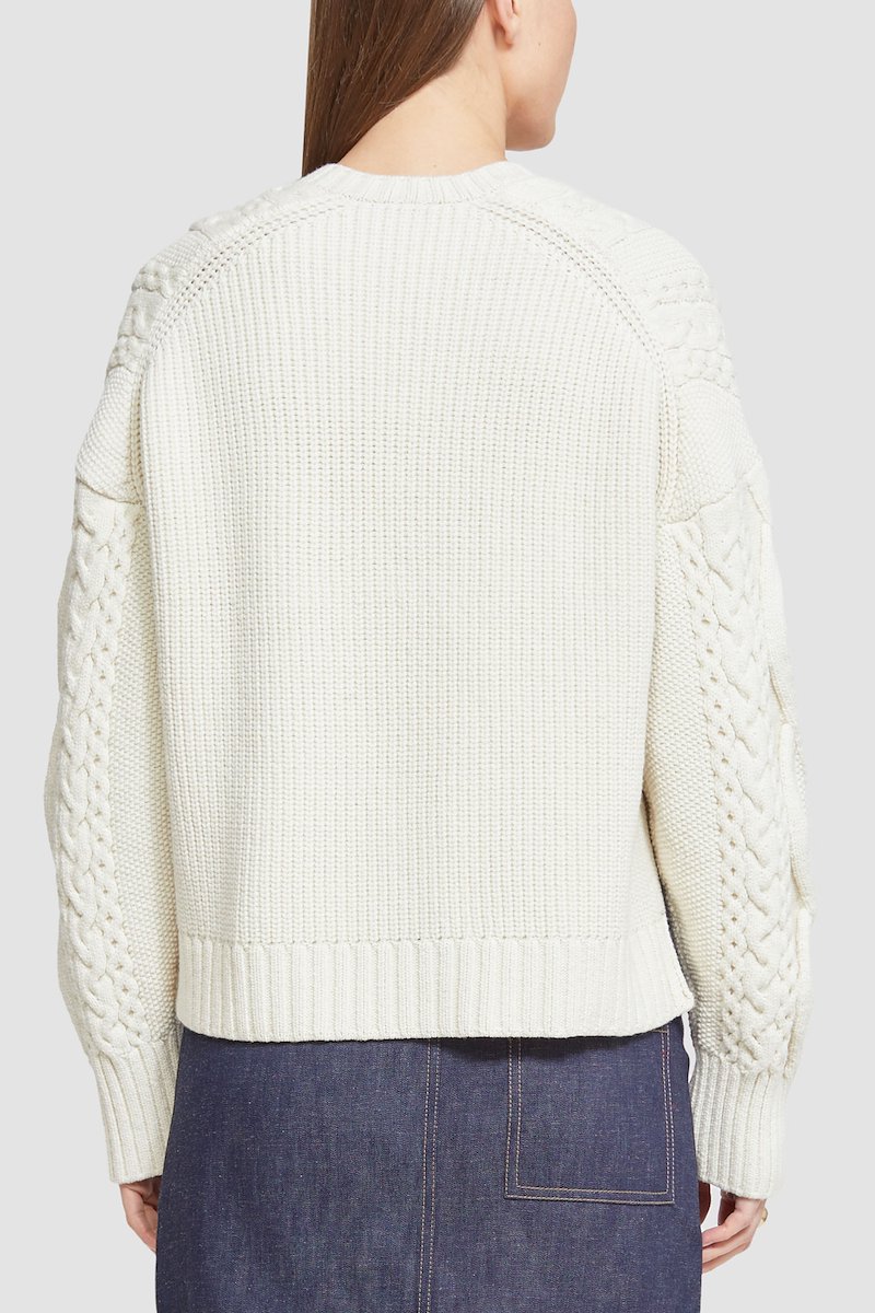 Long Sleeve Wool Nylon Cable Pullover -white #1 Long Sleeve Wool Nylon Cable Pullover , cream white wool blend round neck button fastening at the shoulder long sleeves cable knit ribbed hem- 3