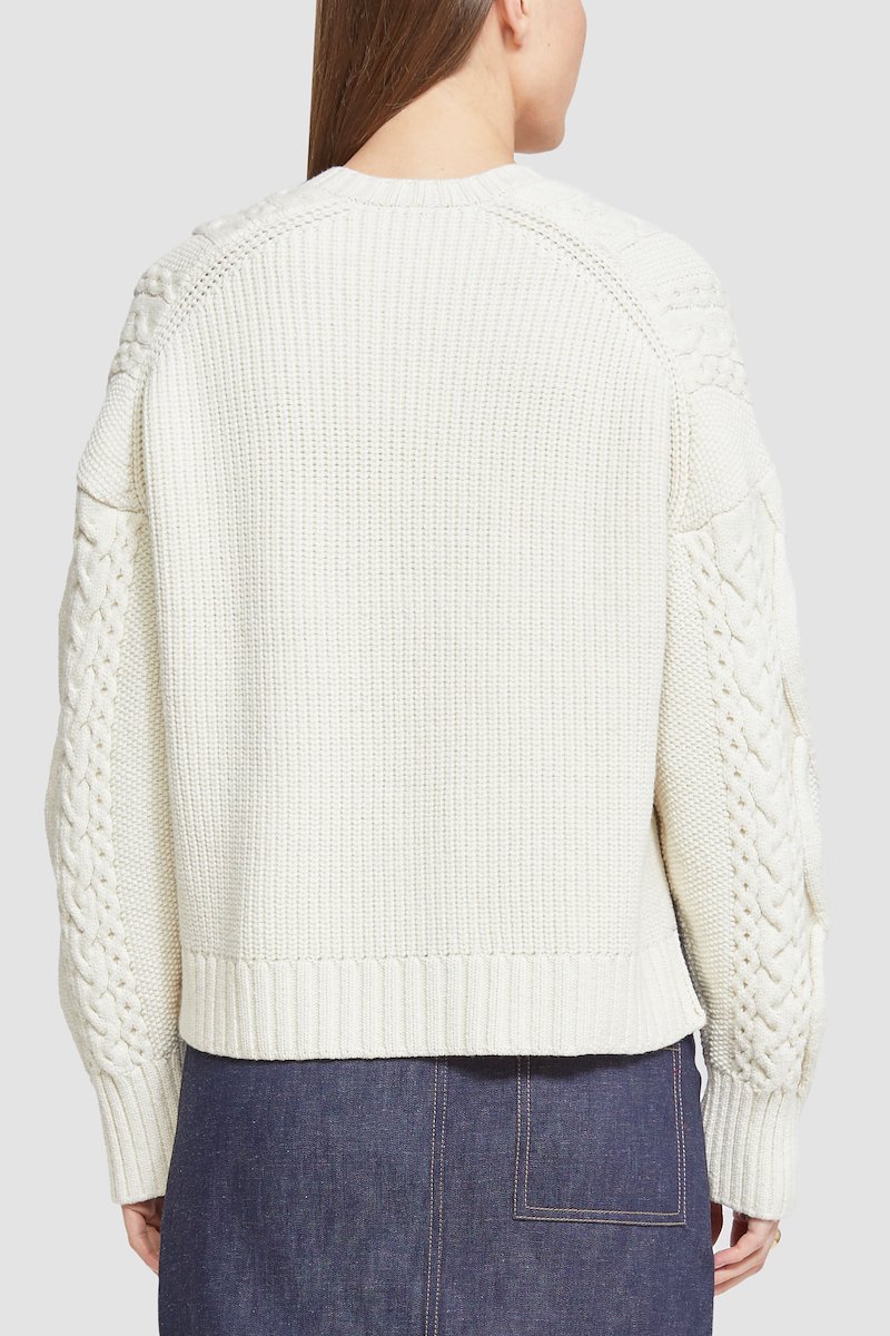 Long Sleeve Wool Nylon Cable Pullover -white #1 Long Sleeve Wool Nylon Cable Pullover , cream white wool blend round neck button fastening at the shoulder long sleeves cable knit ribbed hem- 5