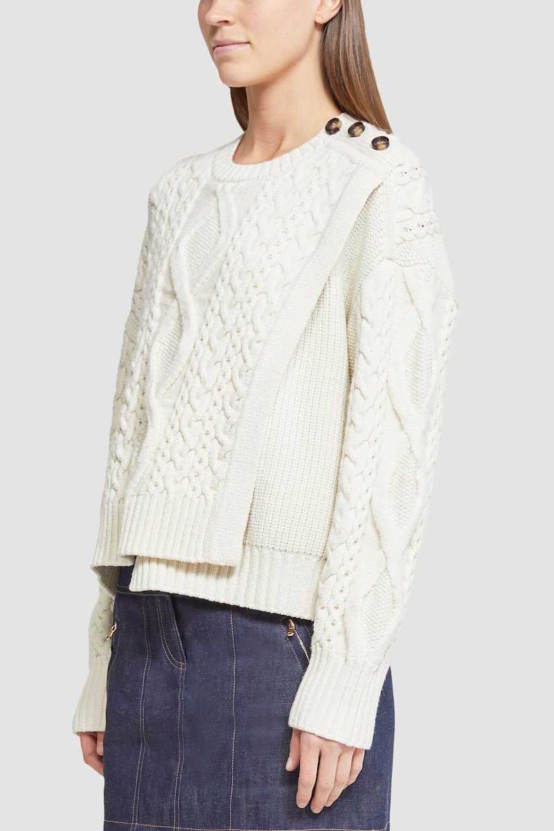 Long Sleeve Wool Nylon Cable Pullover -white #0 Long Sleeve Wool Nylon Cable Pullover , cream white wool blend round neck button fastening at the shoulder long sleeves cable knit ribbed hem- 4
