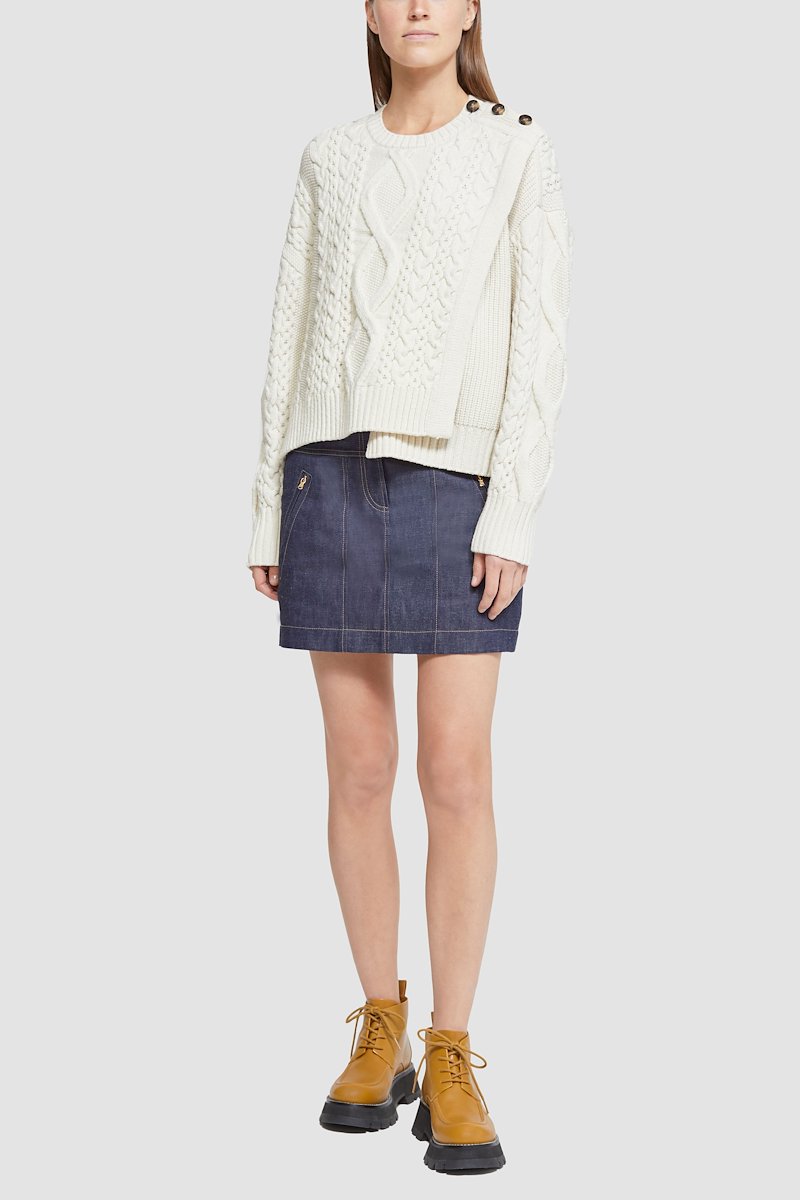 Long Sleeve Wool Nylon Cable Pullover -white #0 Long Sleeve Wool Nylon Cable Pullover , cream white wool blend round neck button fastening at the shoulder long sleeves cable knit ribbed hem- 2