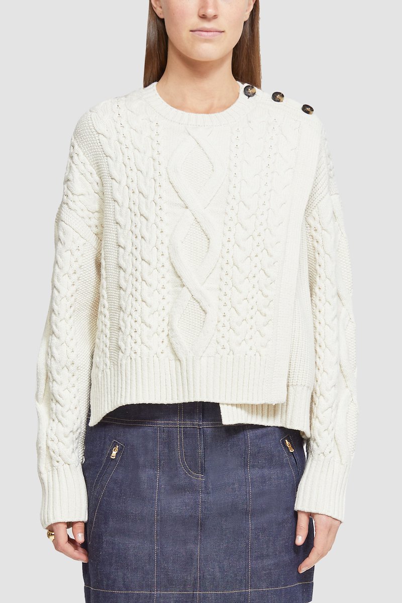 Long Sleeve Wool Nylon Cable Pullover -white #1 Long Sleeve Wool Nylon Cable Pullover , cream white wool blend round neck button fastening at the shoulder long sleeves cable knit ribbed hem- 3