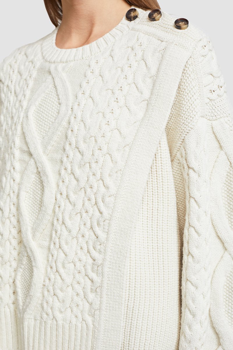 Long Sleeve Wool Nylon Cable Pullover -white #0 Long Sleeve Wool Nylon Cable Pullover , cream white wool blend round neck button fastening at the shoulder long sleeves cable knit ribbed hem- 6
