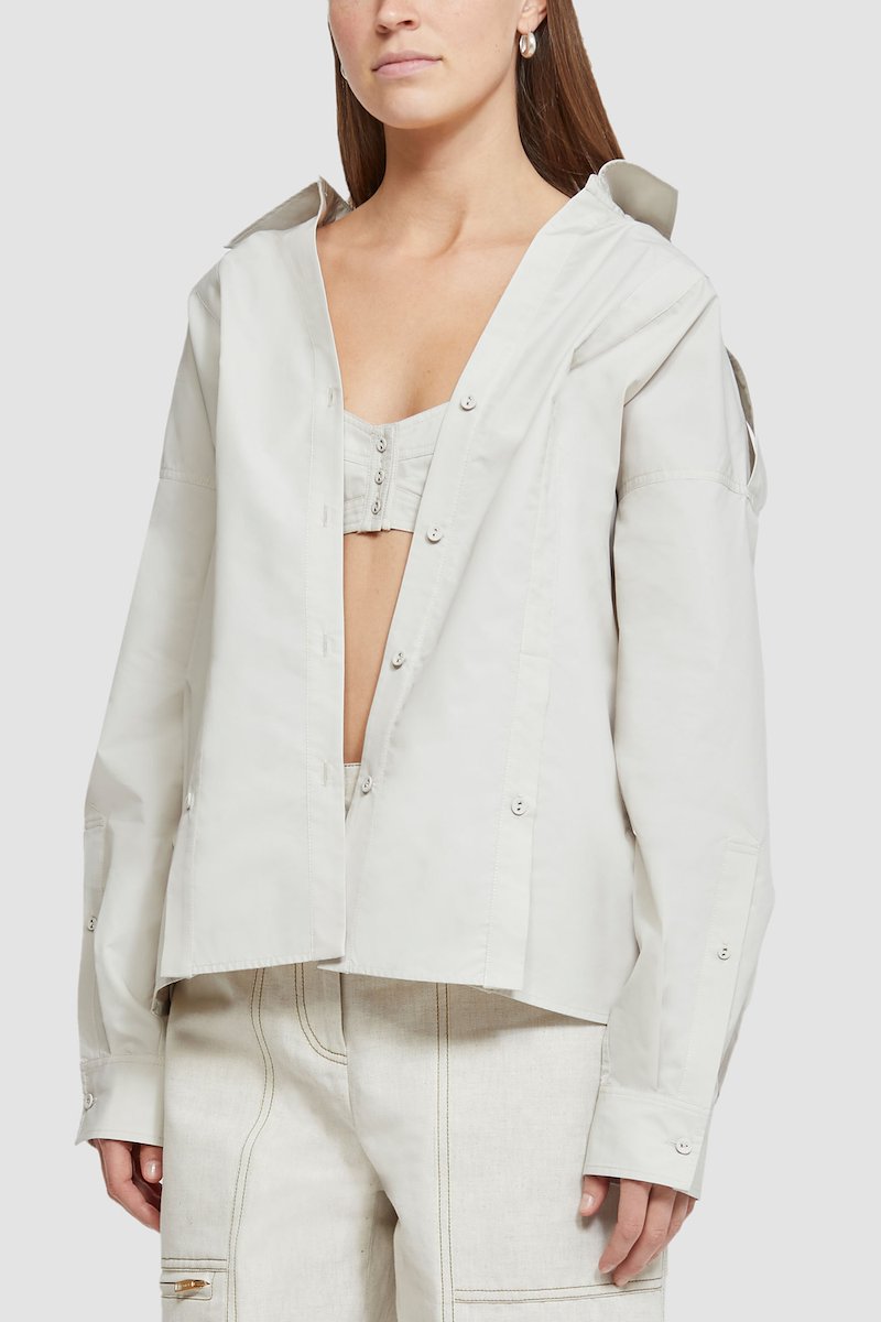 Long Sleeve Cotton Poplin Shirt -white #0 Long Sleeve Cotton Poplin Shirt , flat-collar long-sleeved shirt from 3.1 PHILLIP LIM featuring light beige, cotton blend, oversized pointed collar, front button fastening, long sleeves, buttoned cuffs and straight hem.- 2