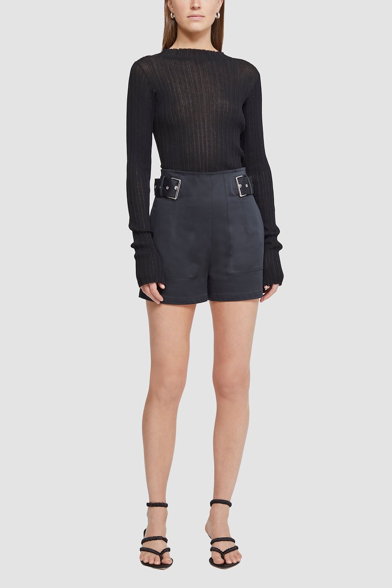 Sateen Utility Belted Short-black #0 Sateen Utility Belted Short, black cotton blend silver-tone hardware side buckle fastening rear zip fastening tailored cut thigh-length- 0