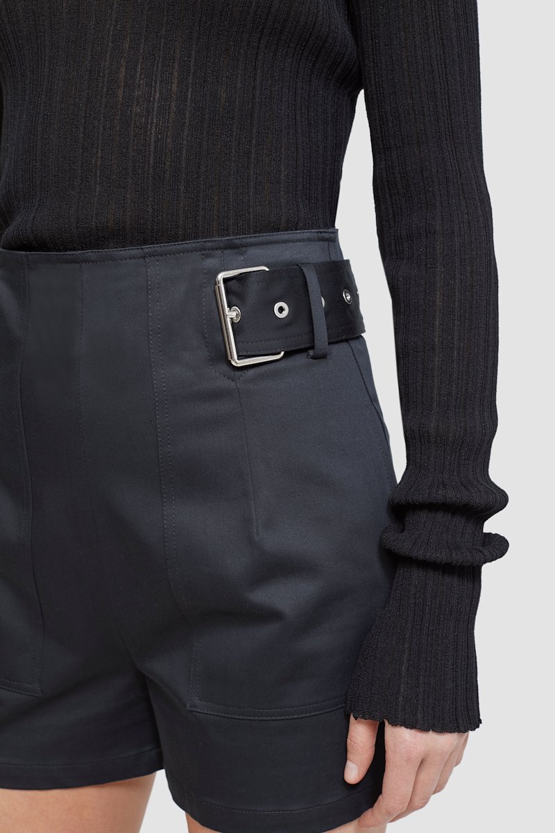 Sateen Utility Belted Short-black #0 Sateen Utility Belted Short, black cotton blend silver-tone hardware side buckle fastening rear zip fastening tailored cut thigh-length- 6