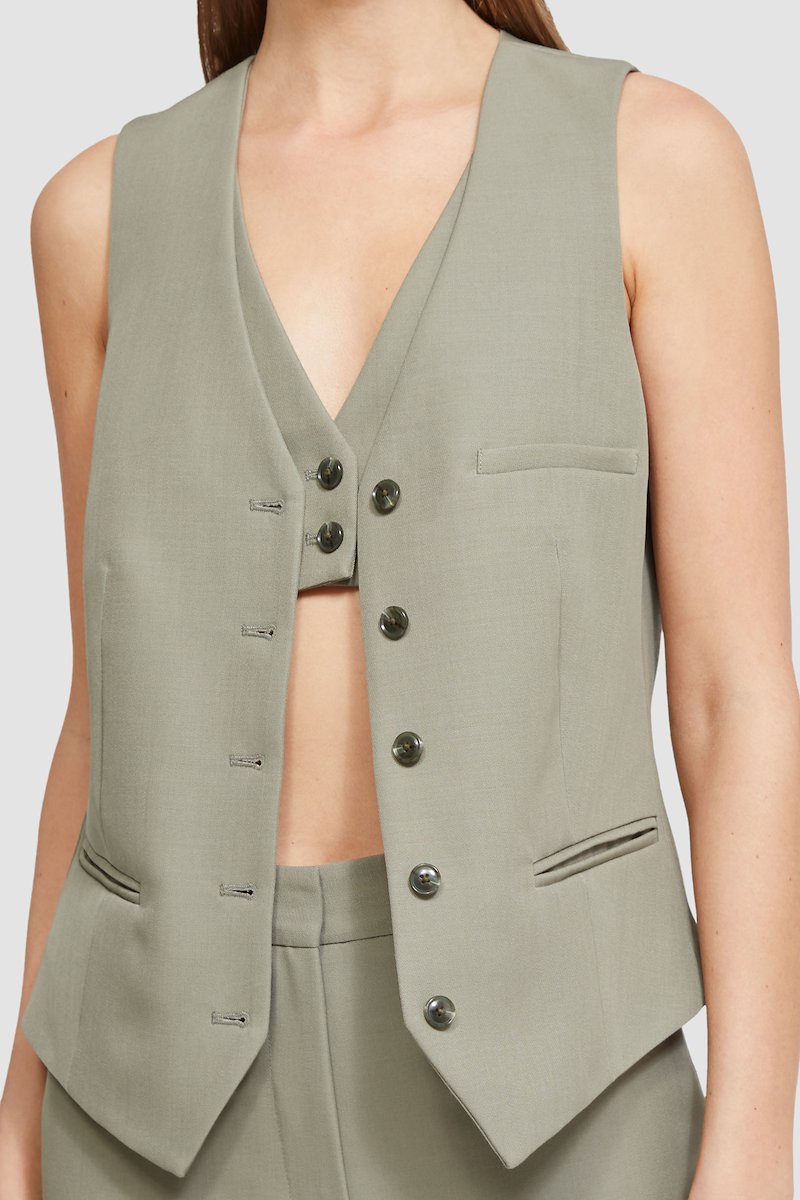 Tailored Vest With Set-In Bra-grey #1 Tailored Vest With Set-In Bra, tailored V-neck vest from 3.1 PHILLIP LIM featuring grey, wool, V-neck, front button fastening, sleeveless, side welt pocket, two side welt pockets and adjustable strap to the rear.- 1