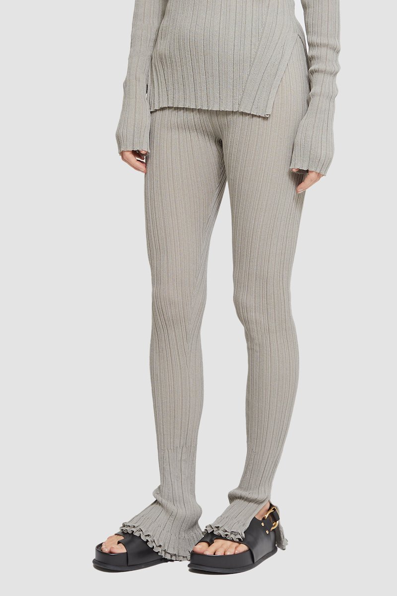 Sheer Rib Flare Pant-grey #0 Sheer Rib Flare Pant, rib-knit flared trousers from 3.1 PHILLIP LIM featuring grey, cotton blend, ribbed knit, stretch-design, high waist, flared design, layered details and side slits.- 2