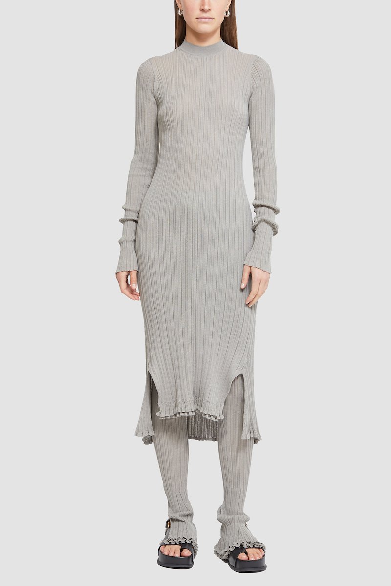 Sheer Rib Flare Pant-grey #1 Sheer Rib Flare Pant, rib-knit flared trousers from 3.1 PHILLIP LIM featuring grey, cotton blend, ribbed knit, stretch-design, high waist, flared design, layered details and side slits.- 1