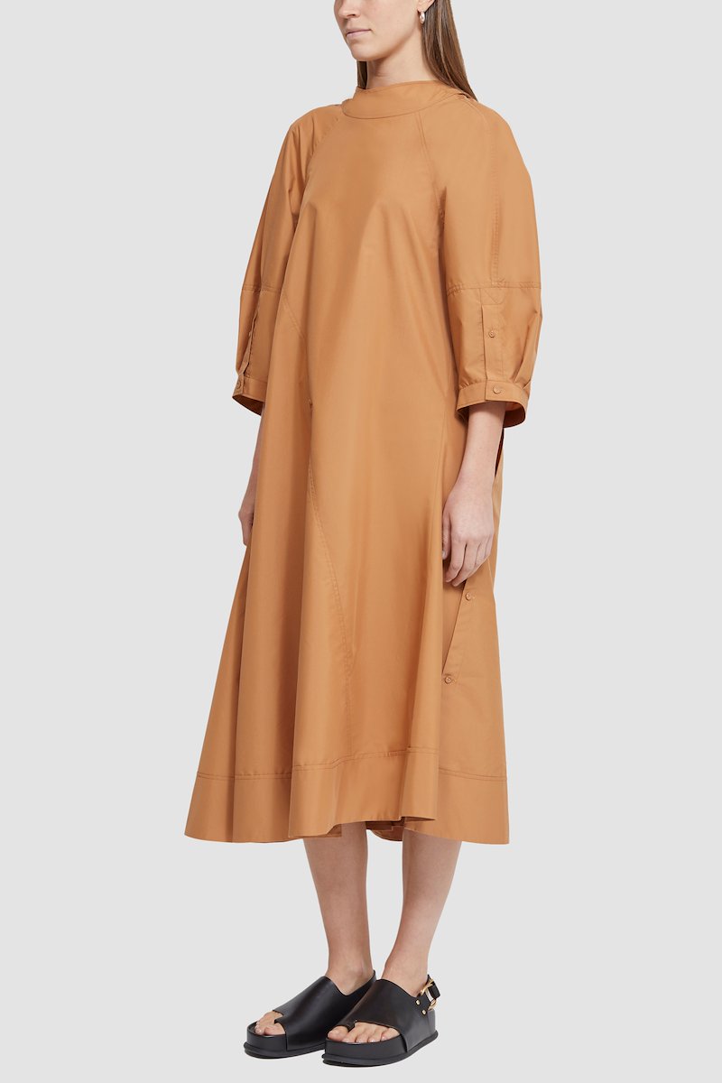 Puff Sleeve Cotton Poplin Draped Dress-orange #1 Puff Sleeve Cotton Poplin Draped Dress, null- 3