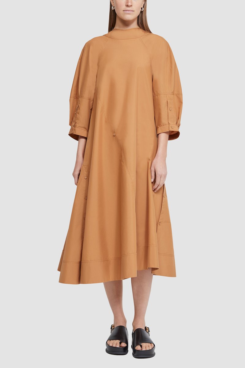 Puff Sleeve Cotton Poplin Draped Dress-orange #1 Puff Sleeve Cotton Poplin Draped Dress, null- 1