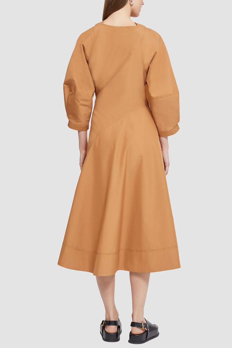 Puff Sleeve Cotton Poplin Draped Dress-orange #0 Puff Sleeve Cotton Poplin Draped Dress, null- 4