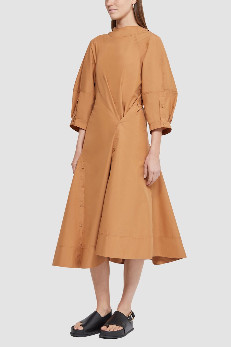 Puff Sleeve Cotton Poplin Draped Dress-orange #0 Puff Sleeve Cotton Poplin Draped Dress, null- 2