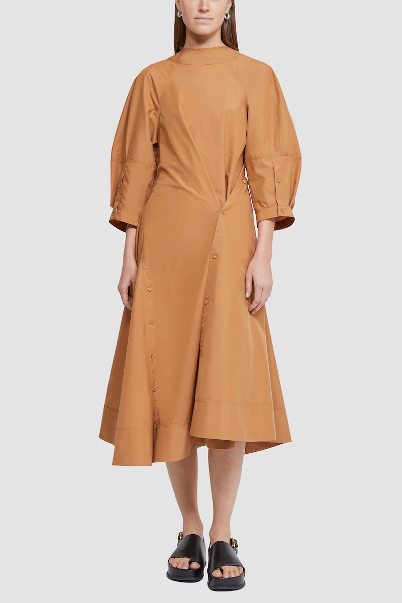 Puff Sleeve Cotton Poplin Draped Dress-orange #0 Puff Sleeve Cotton Poplin Draped Dress, null- 0