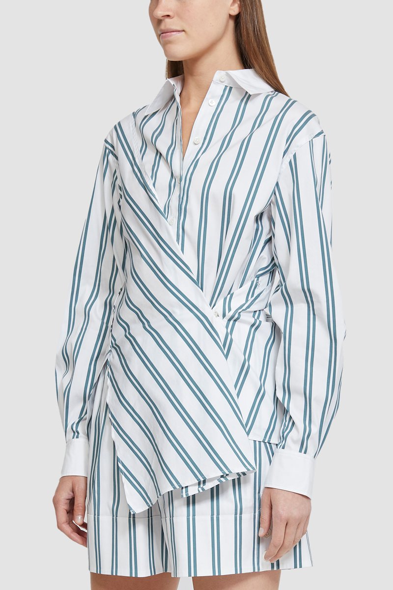 Long Sleeve Front Draped Striped Shirt-white-fern #0 Long Sleeve Front Draped Striped Shirt, null- 2