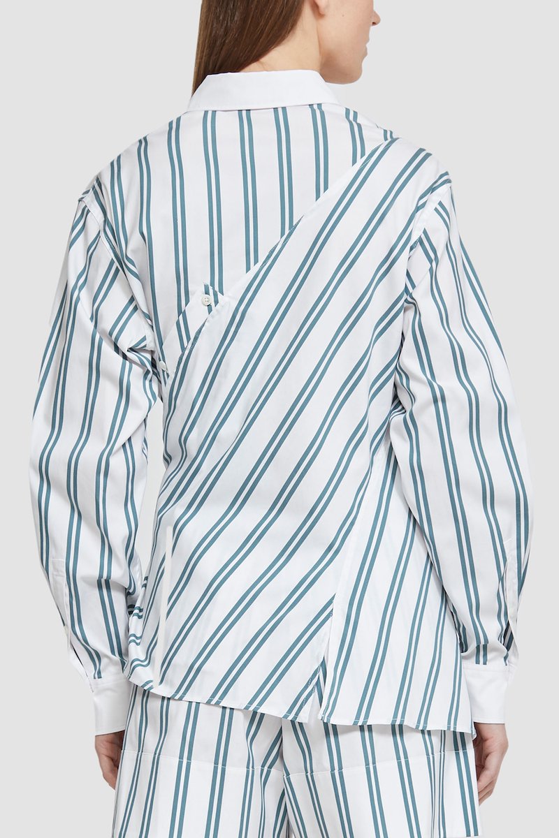 Long Sleeve Front Draped Striped Shirt-white-fern #1 Long Sleeve Front Draped Striped Shirt, null- 3