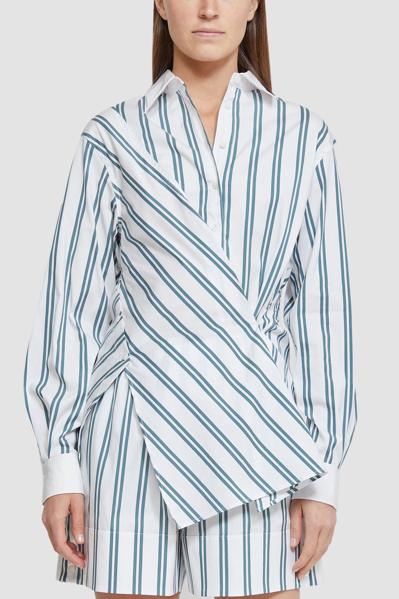 Long Sleeve Front Draped Striped Shirt-white-fern #1 Long Sleeve Front Draped Striped Shirt, null- 1