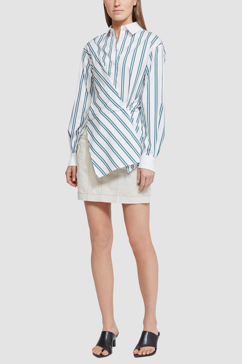 Long Sleeve Front Draped Striped Shirt-white-fern #1 Long Sleeve Front Draped Striped Shirt, null- 5