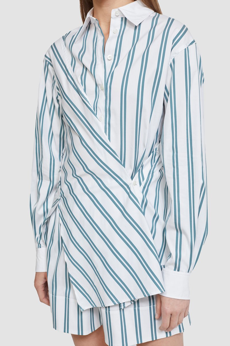 Long Sleeve Front Draped Striped Shirt-white-fern #0 Long Sleeve Front Draped Striped Shirt, null- 4