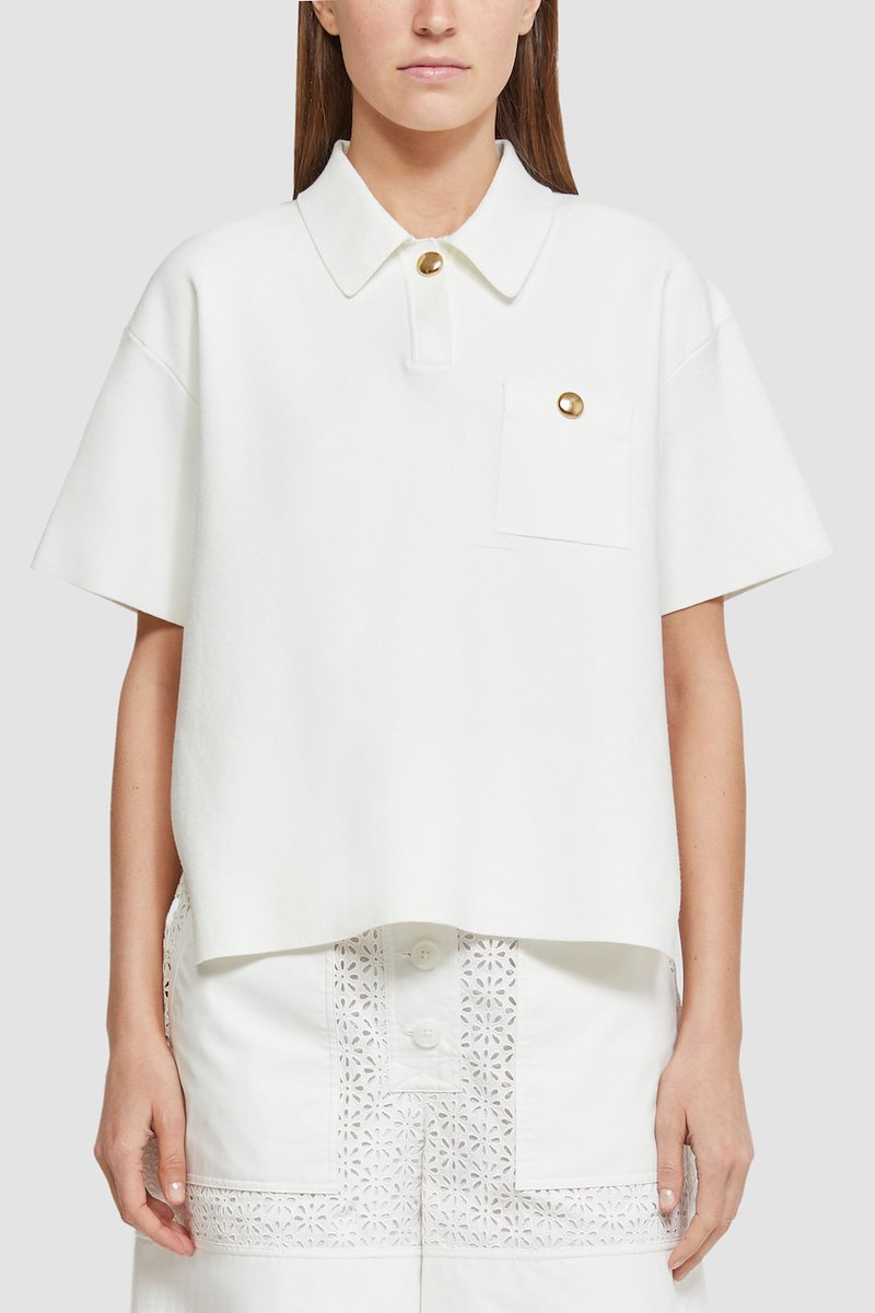 Tech Milano Short Sleeve Polo Top-white #1 Tech Milano Short Sleeve Polo Top, stud-detail short-sleeve polo shirt from 3.1 PHILLIP LIM featuring off-white, gold-tone stud detailing, polo collar, chest patch pocket, short sleeves and straight hem.- 1