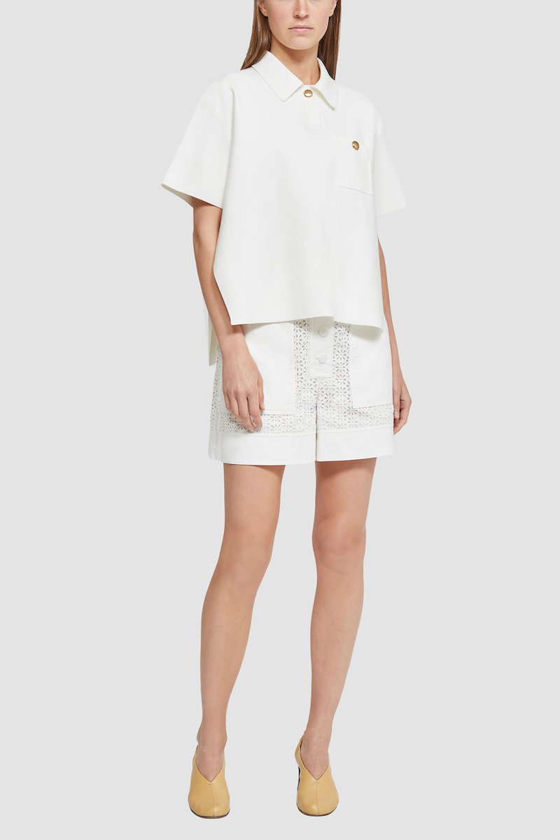 Tech Milano Short Sleeve Polo Top-white #0 Tech Milano Short Sleeve Polo Top, stud-detail short-sleeve polo shirt from 3.1 PHILLIP LIM featuring off-white, gold-tone stud detailing, polo collar, chest patch pocket, short sleeves and straight hem.- 0