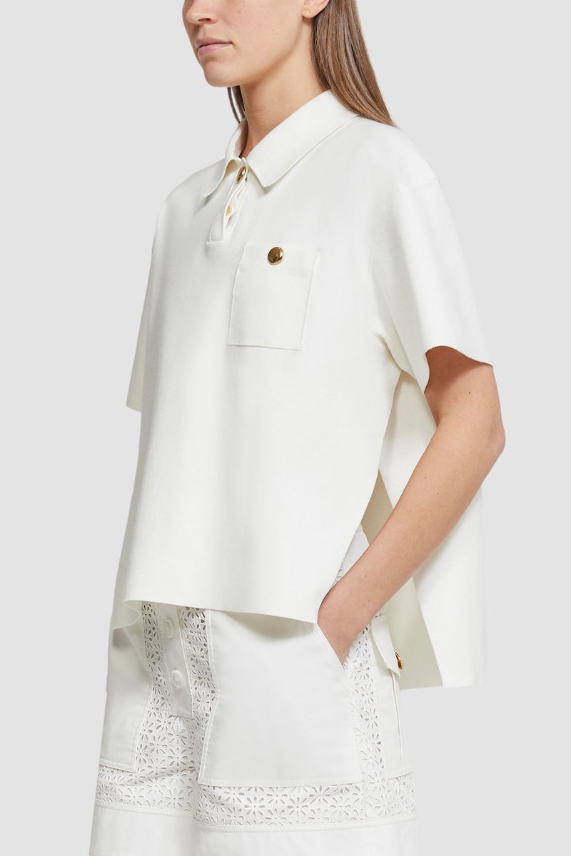 Tech Milano Short Sleeve Polo Top-white #0 Tech Milano Short Sleeve Polo Top, stud-detail short-sleeve polo shirt from 3.1 PHILLIP LIM featuring off-white, gold-tone stud detailing, polo collar, chest patch pocket, short sleeves and straight hem.- 2
