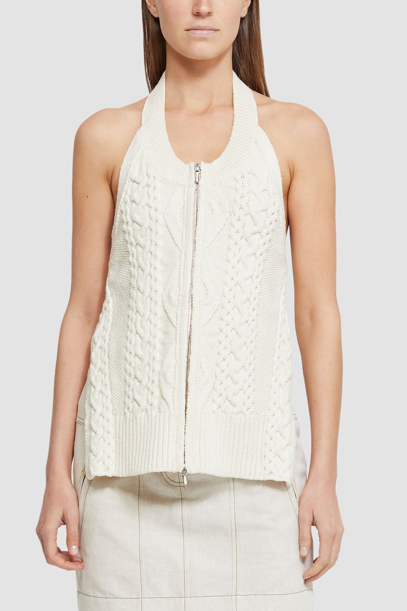 Zip-Front Wool Nylon Cable Halter Top-white #0 Zip-Front Wool Nylon Cable Halter Top, null- 2