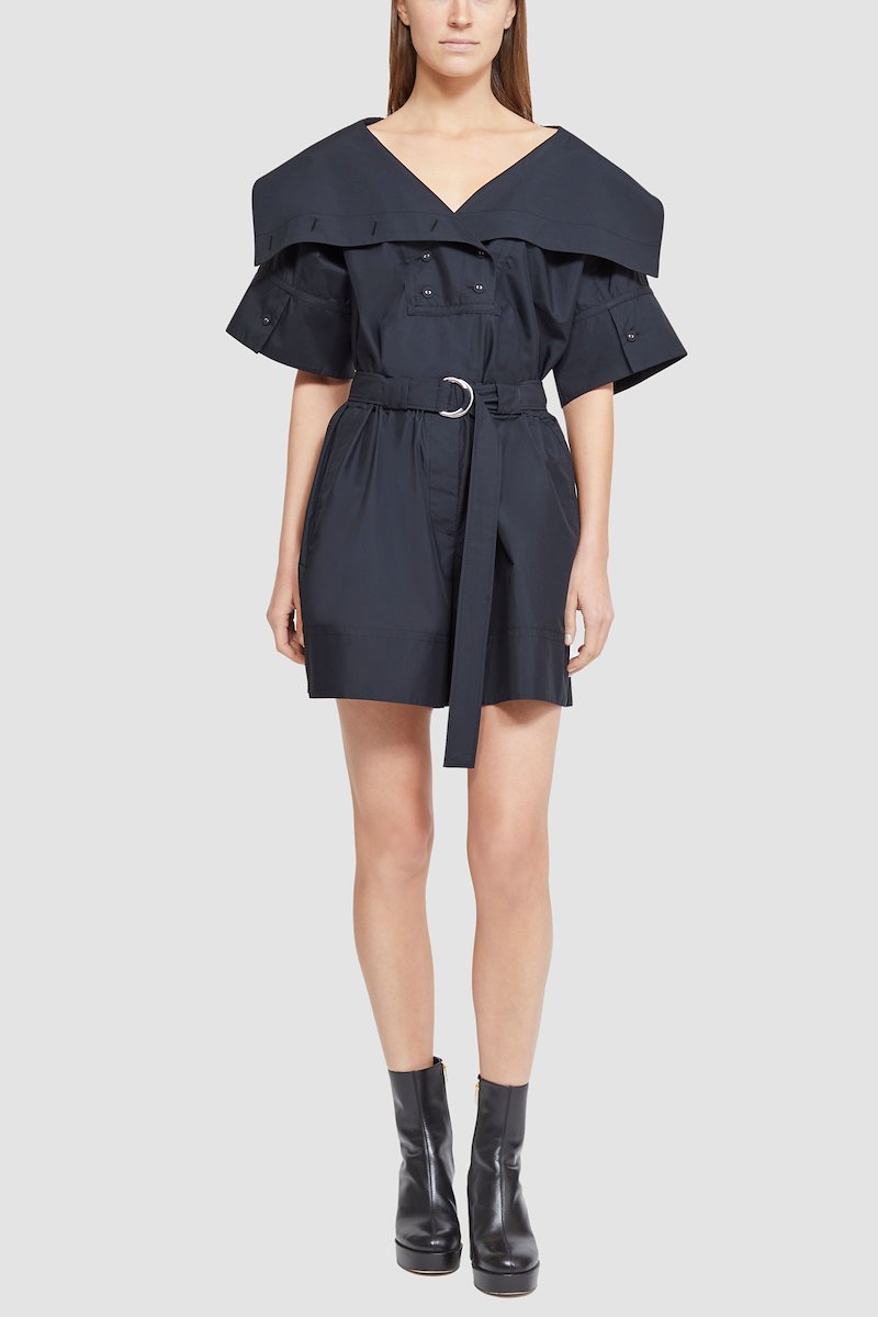 Cotton Poplin Belted Utility Romper-black #1 Cotton Poplin Belted Utility Romper, wide-collar playsuit from 3.1 PHILLIP LIM featuring jet black, cotton blend, pointed flat collar, short front button fastening, short sleeves, belted waist, two side slit pockets and above-knee length.- 3