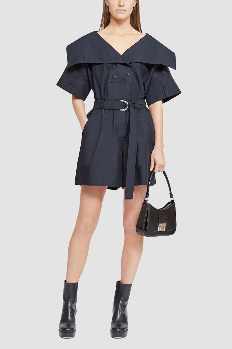 Cotton Poplin Belted Utility Romper-black #0 Cotton Poplin Belted Utility Romper, wide-collar playsuit from 3.1 PHILLIP LIM featuring jet black, cotton blend, pointed flat collar, short front button fastening, short sleeves, belted waist, two side slit pockets and above-knee length.- 2
