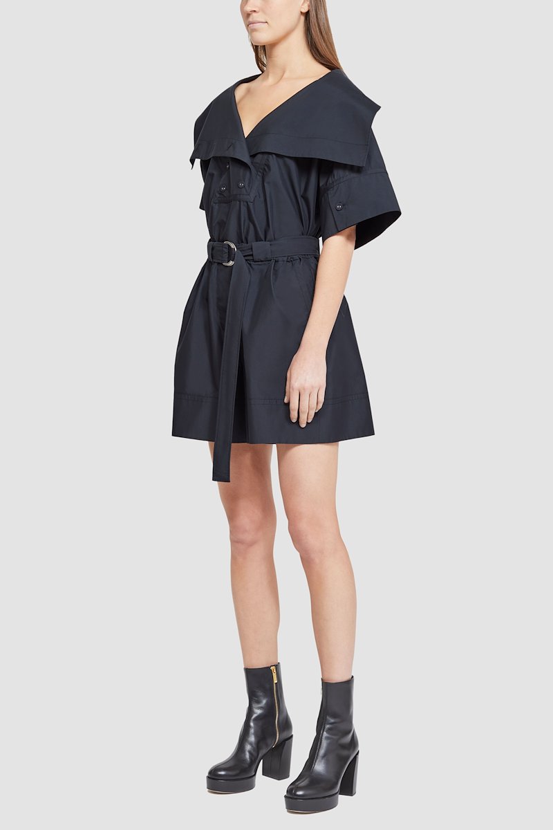 Cotton Poplin Belted Utility Romper-black #0 Cotton Poplin Belted Utility Romper, wide-collar playsuit from 3.1 PHILLIP LIM featuring jet black, cotton blend, pointed flat collar, short front button fastening, short sleeves, belted waist, two side slit pockets and above-knee length.- 4