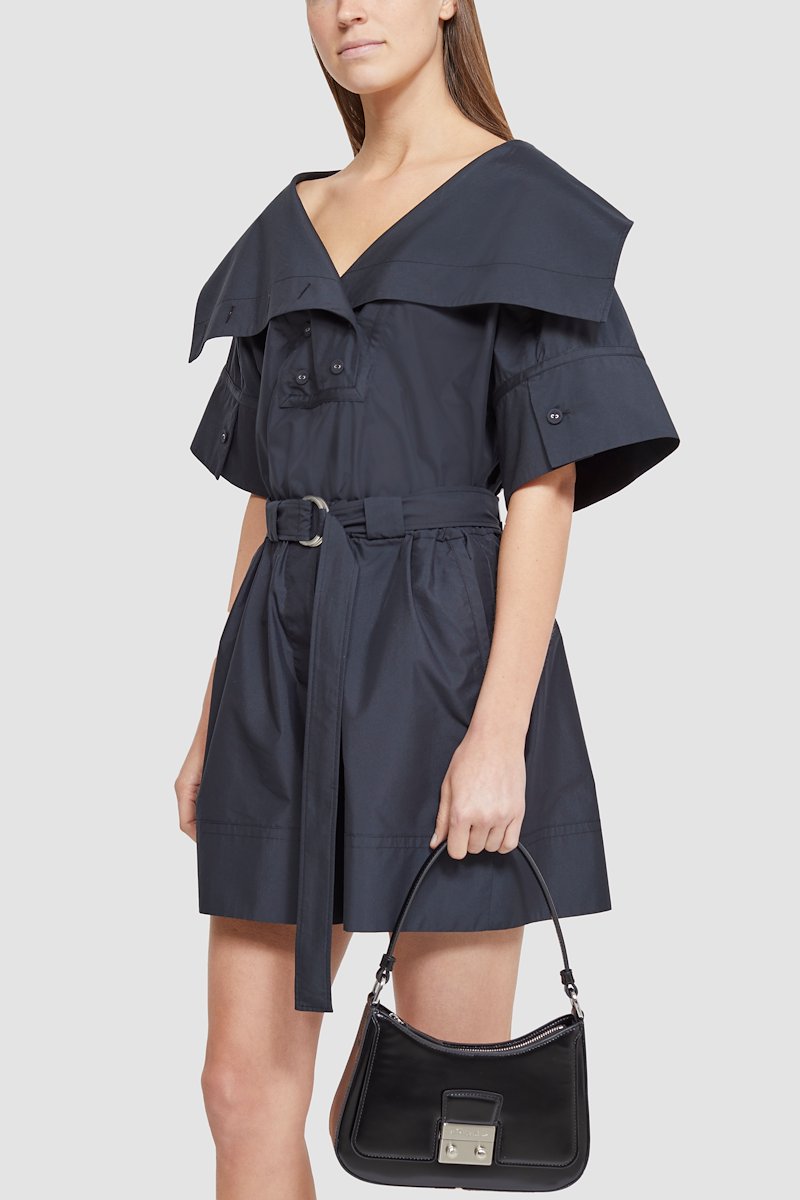 Cotton Poplin Belted Utility Romper-black #0 Cotton Poplin Belted Utility Romper, wide-collar playsuit from 3.1 PHILLIP LIM featuring jet black, cotton blend, pointed flat collar, short front button fastening, short sleeves, belted waist, two side slit pockets and above-knee length.- 6