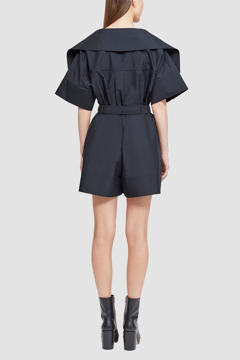 Cotton Poplin Belted Utility Romper-black #1 Cotton Poplin Belted Utility Romper, wide-collar playsuit from 3.1 PHILLIP LIM featuring jet black, cotton blend, pointed flat collar, short front button fastening, short sleeves, belted waist, two side slit pockets and above-knee length.- 5