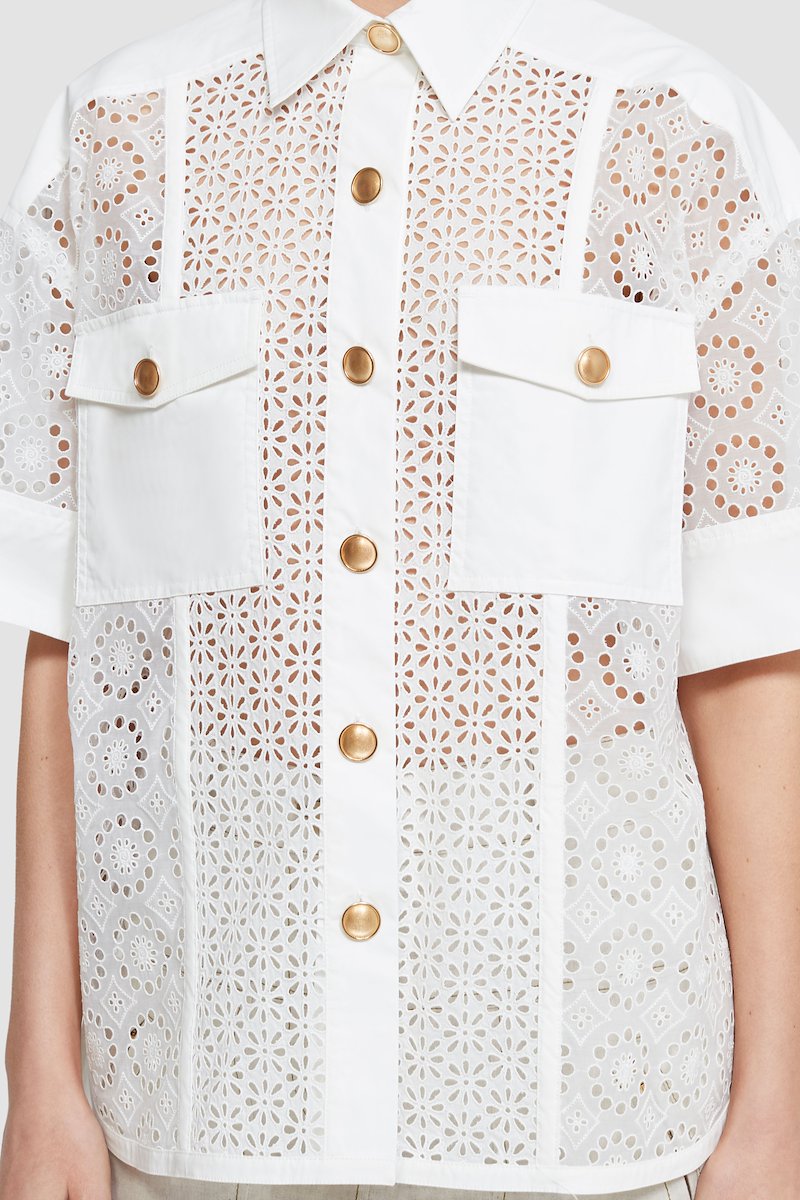 Short Sleeve Broderie Anglaise Camp Shirt-white #0 Short Sleeve Broderie Anglaise Camp Shirt, broderie anglaise short-sleeved shirt from 3.1 PHILLIP LIM featuring ivory white, cotton, broderie anglaise, gold-tone buttons, classic collar, front button fastening, chest flap pockets, short sleeves and curved hem.- 4