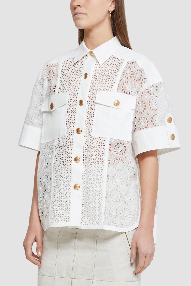Short Sleeve Broderie Anglaise Camp Shirt-white #0 Short Sleeve Broderie Anglaise Camp Shirt, broderie anglaise short-sleeved shirt from 3.1 PHILLIP LIM featuring ivory white, cotton, broderie anglaise, gold-tone buttons, classic collar, front button fastening, chest flap pockets, short sleeves and curved hem.- 2