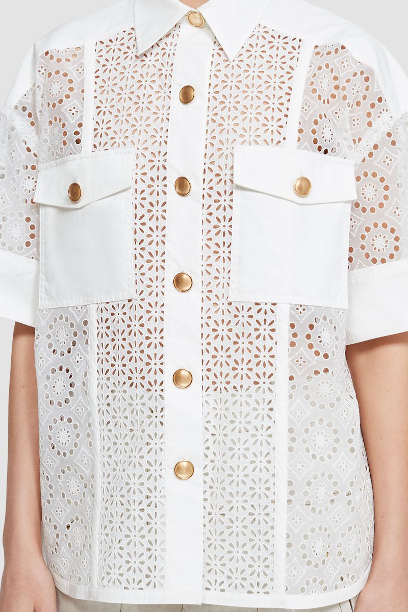 Short Sleeve Broderie Anglaise Camp Shirt-white #0 Short Sleeve Broderie Anglaise Camp Shirt, broderie anglaise short-sleeved shirt from 3.1 PHILLIP LIM featuring ivory white, cotton, broderie anglaise, gold-tone buttons, classic collar, front button fastening, chest flap pockets, short sleeves and curved hem.- 6