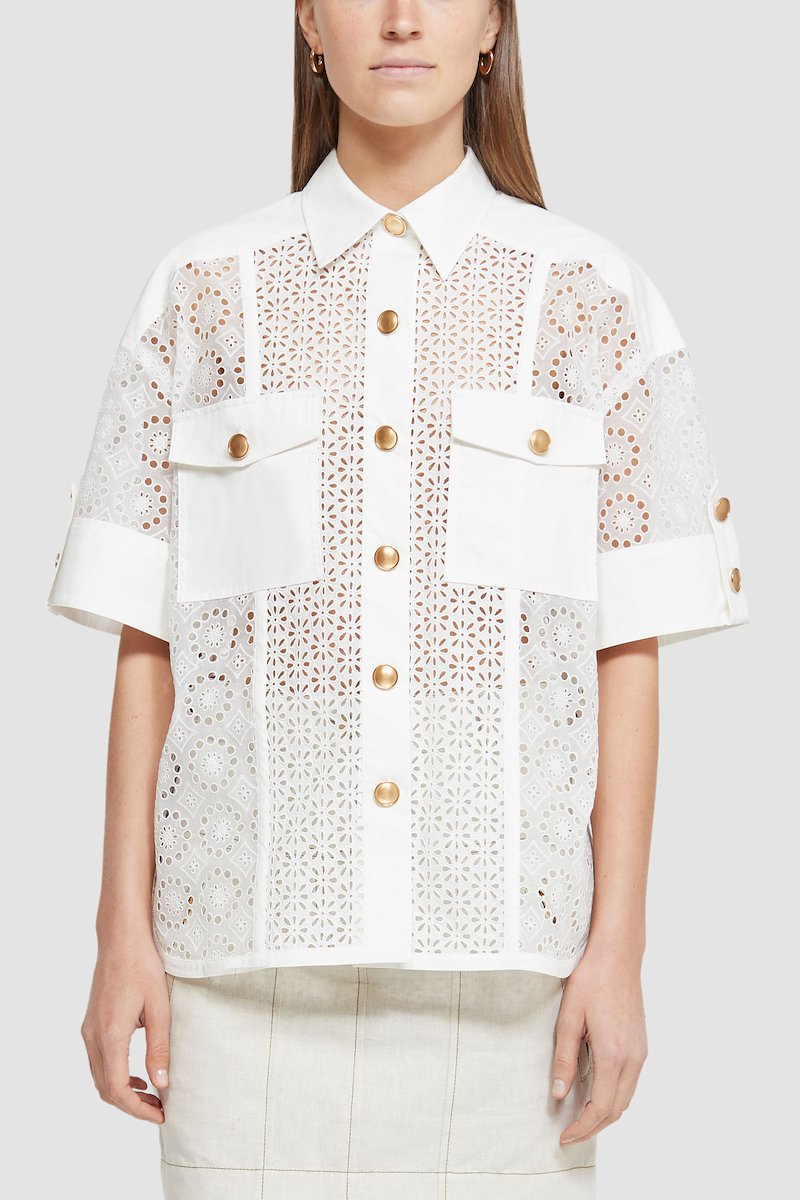 Short Sleeve Broderie Anglaise Camp Shirt-white #1 Short Sleeve Broderie Anglaise Camp Shirt, broderie anglaise short-sleeved shirt from 3.1 PHILLIP LIM featuring ivory white, cotton, broderie anglaise, gold-tone buttons, classic collar, front button fastening, chest flap pockets, short sleeves and curved hem.- 3