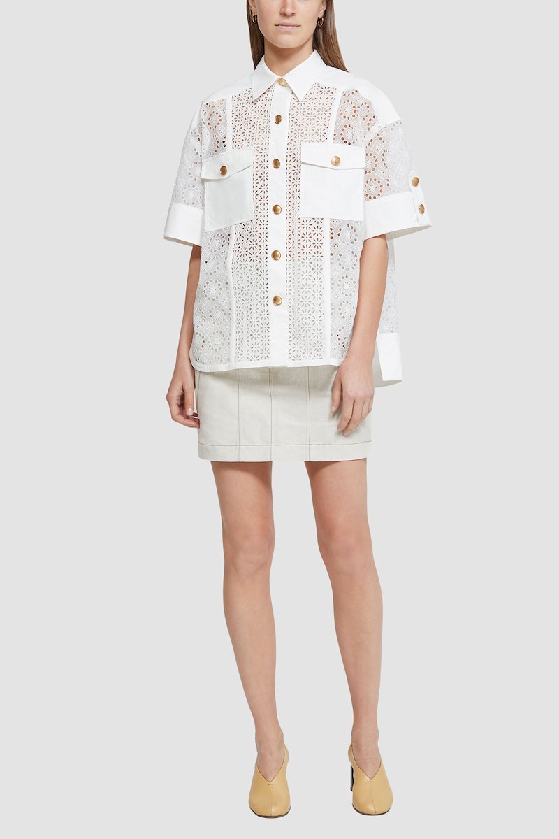 Short Sleeve Broderie Anglaise Camp Shirt-white #0 Short Sleeve Broderie Anglaise Camp Shirt, broderie anglaise short-sleeved shirt from 3.1 PHILLIP LIM featuring ivory white, cotton, broderie anglaise, gold-tone buttons, classic collar, front button fastening, chest flap pockets, short sleeves and curved hem.- 2