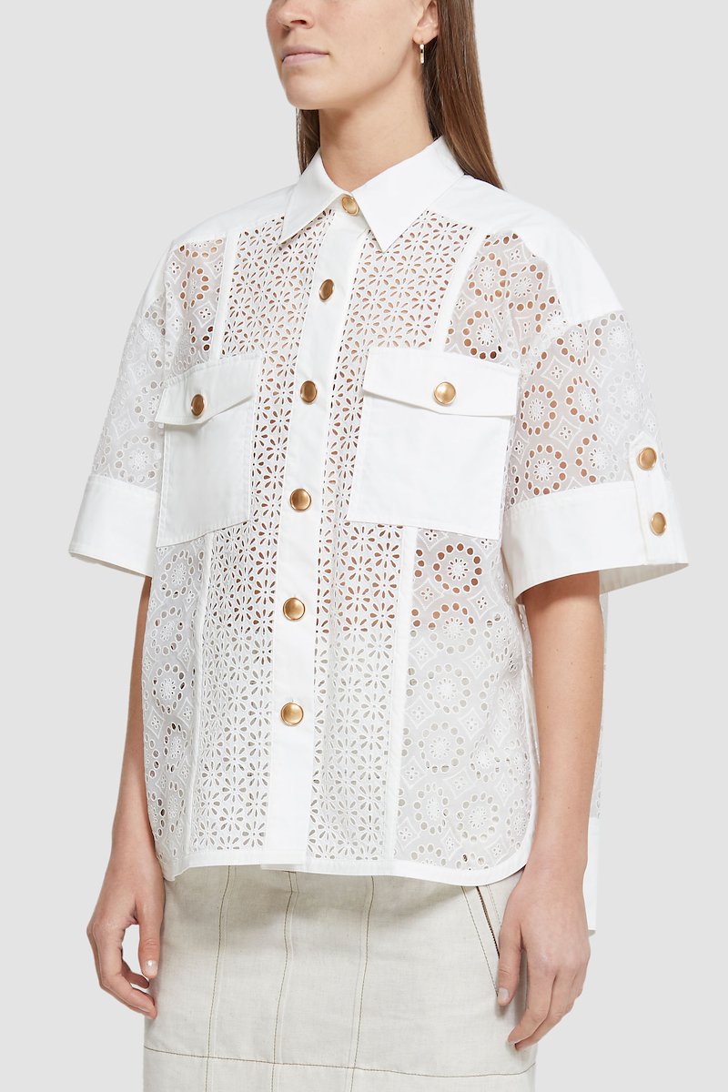 Short Sleeve Broderie Anglaise Camp Shirt-white #0 Short Sleeve Broderie Anglaise Camp Shirt, broderie anglaise short-sleeved shirt from 3.1 PHILLIP LIM featuring ivory white, cotton, broderie anglaise, gold-tone buttons, classic collar, front button fastening, chest flap pockets, short sleeves and curved hem.- 4