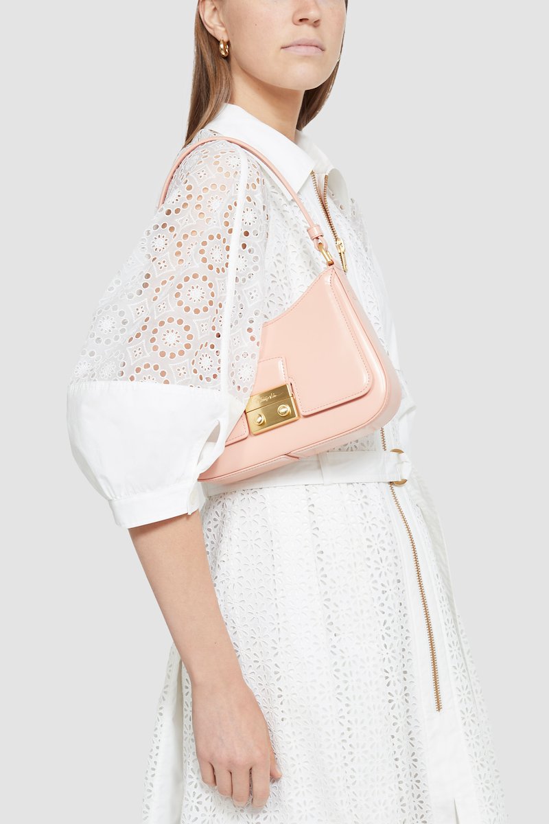 Pashli Shoulder Bag-pink #0 Pashli Shoulder Bag, rose pink calf leather patent finish gold-tone logo plaque single shoulder strap front flap pocket top zip fastening main compartment- 6