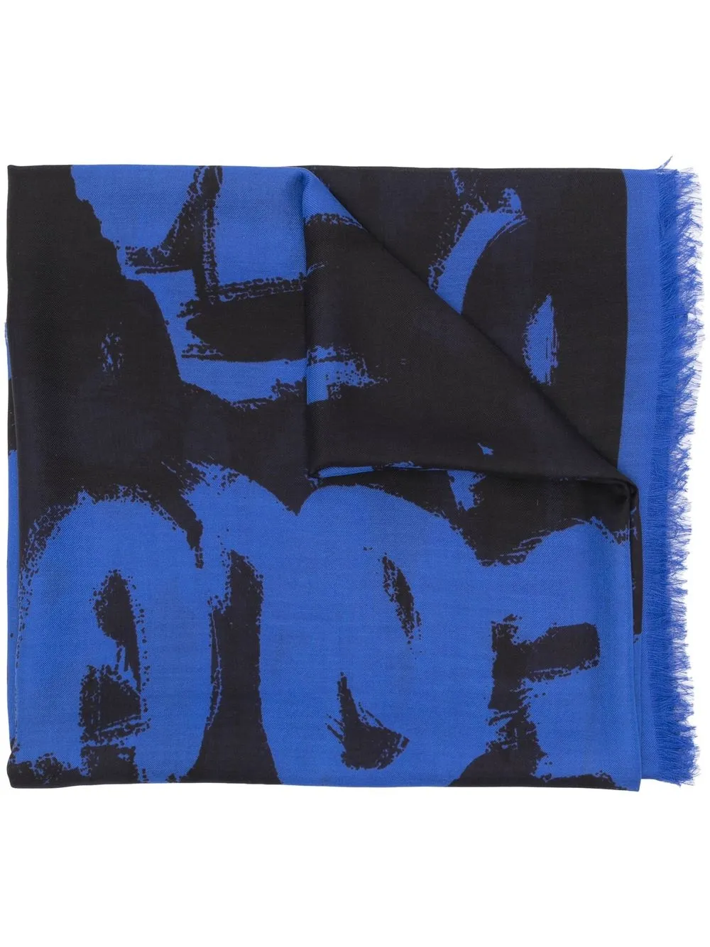 

Alexander McQueen graffiti-logo frayed scarf - Blue