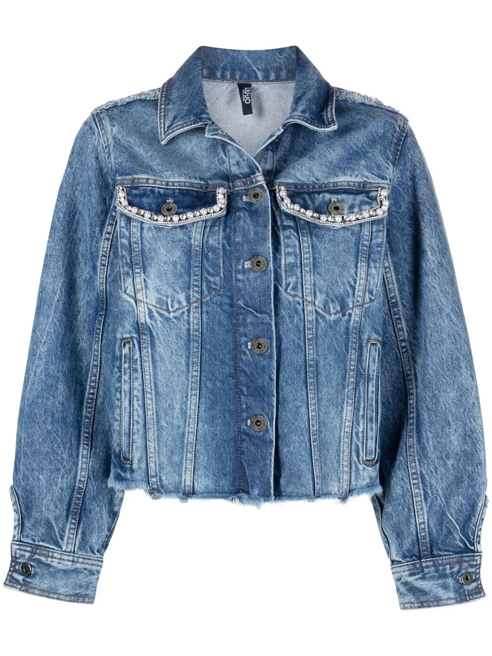 Womens denim store jacket with pearls