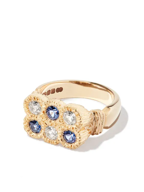Bleue Burnham anillo Flowers Grow Together en oro amarillo de 9kt con zafiro