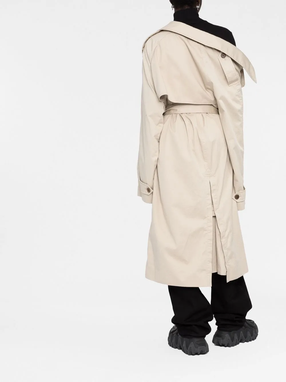 asymmetric off-shoulder trench coat