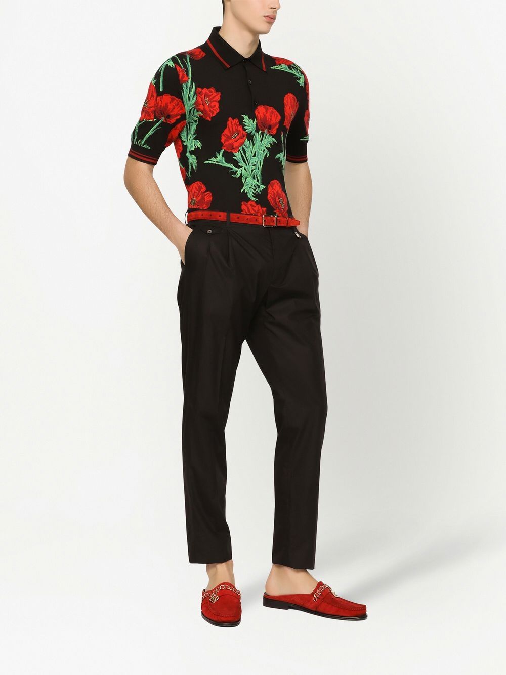 Shop Dolce & Gabbana Floral Intarsia-knit Polo Shirt In Black
