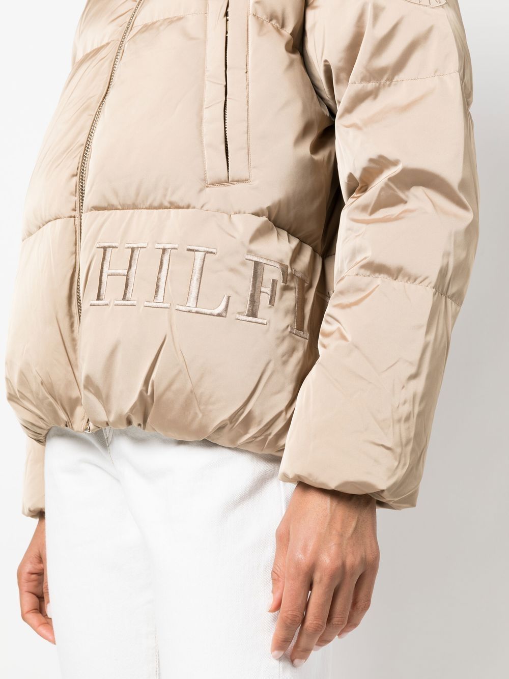 Shop Tommy Hilfiger Logo-embroidered Hooded Puffer Jacket In Neutrals