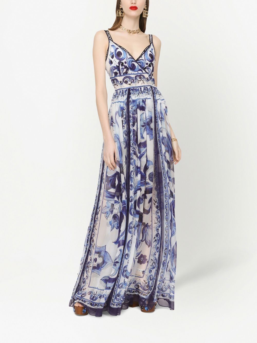 Shop Dolce & Gabbana Majolica-print Silk Maxi Dress In Blue